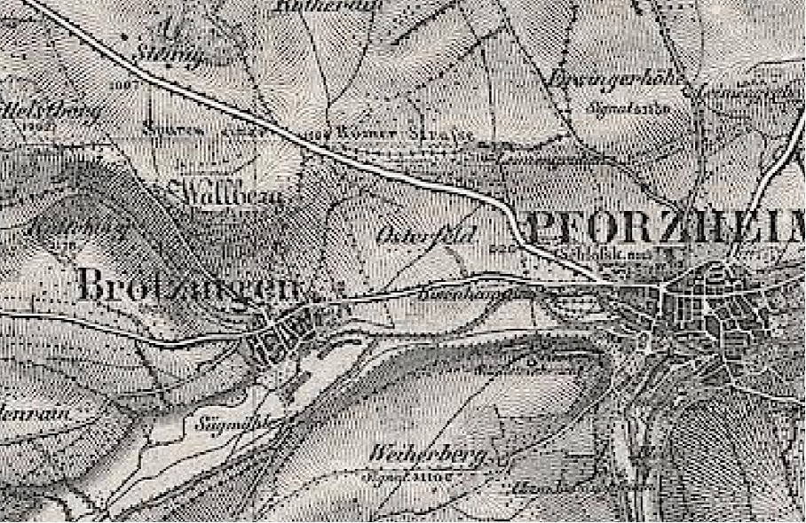 Brötzingen mit Osterfeld 1842 - historische topographische Karte